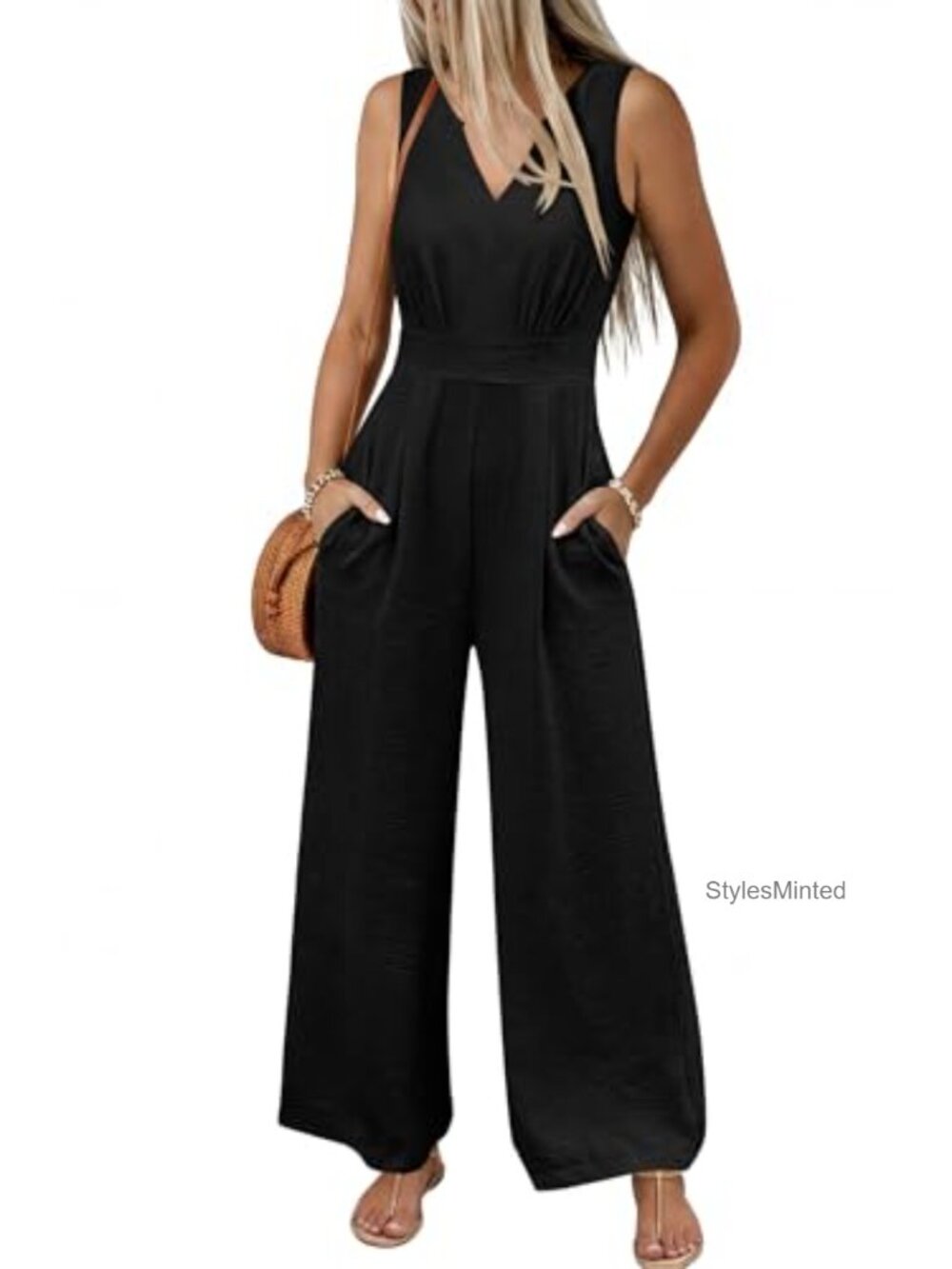 Women's Sleeveless V Neck Wide Leg Jumpsuit with Pockets Summer Outfit